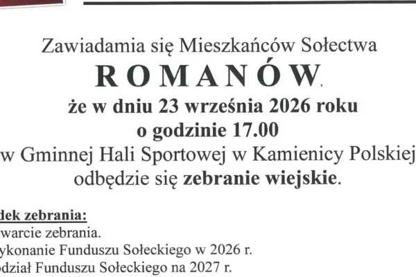 Zebranie wiejskie Sołectwa Romanów – 23 września 2026
