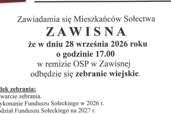 Zebranie wiejskie Sołectwa Zawisna – 28 września 2026 r.