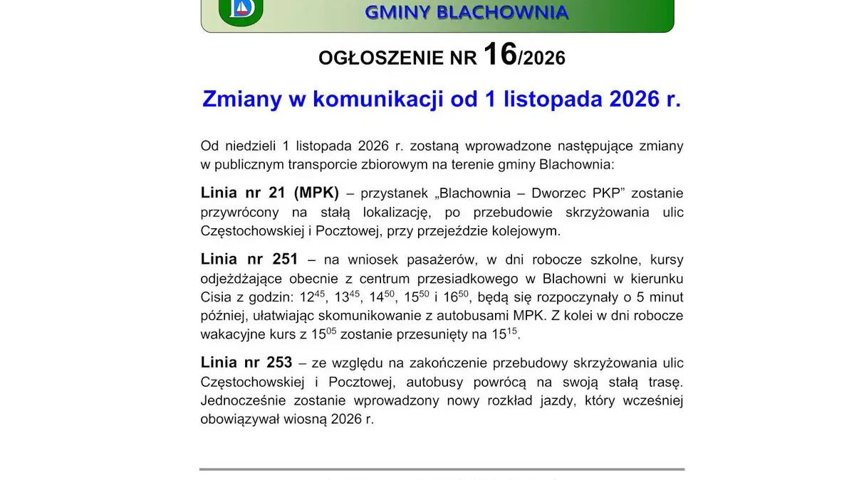 Blachownia: od 1 listopada zmiany w rozkładach linii 21, 251 i 253
