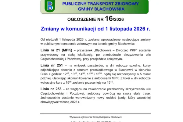 Blachownia: od 1 listopada zmiany w rozkładach linii 21, 251 i 253