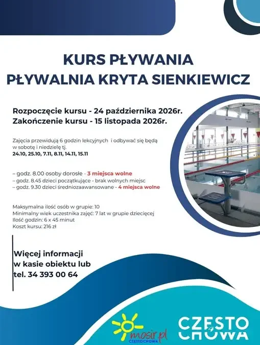 Kurs pływania na Pływalni Krytej Sienkiewicz w Częstochowie – są jeszcze wolne miejsca