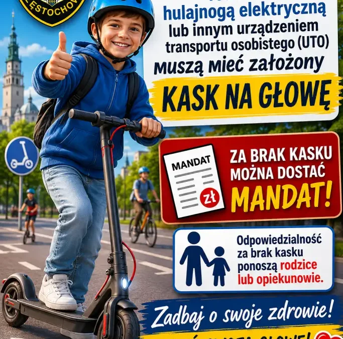 Kaski obowiązkowe dla dzieci do 16. roku życia — Straż Miejska w Częstochowie przypomina o przepisach
